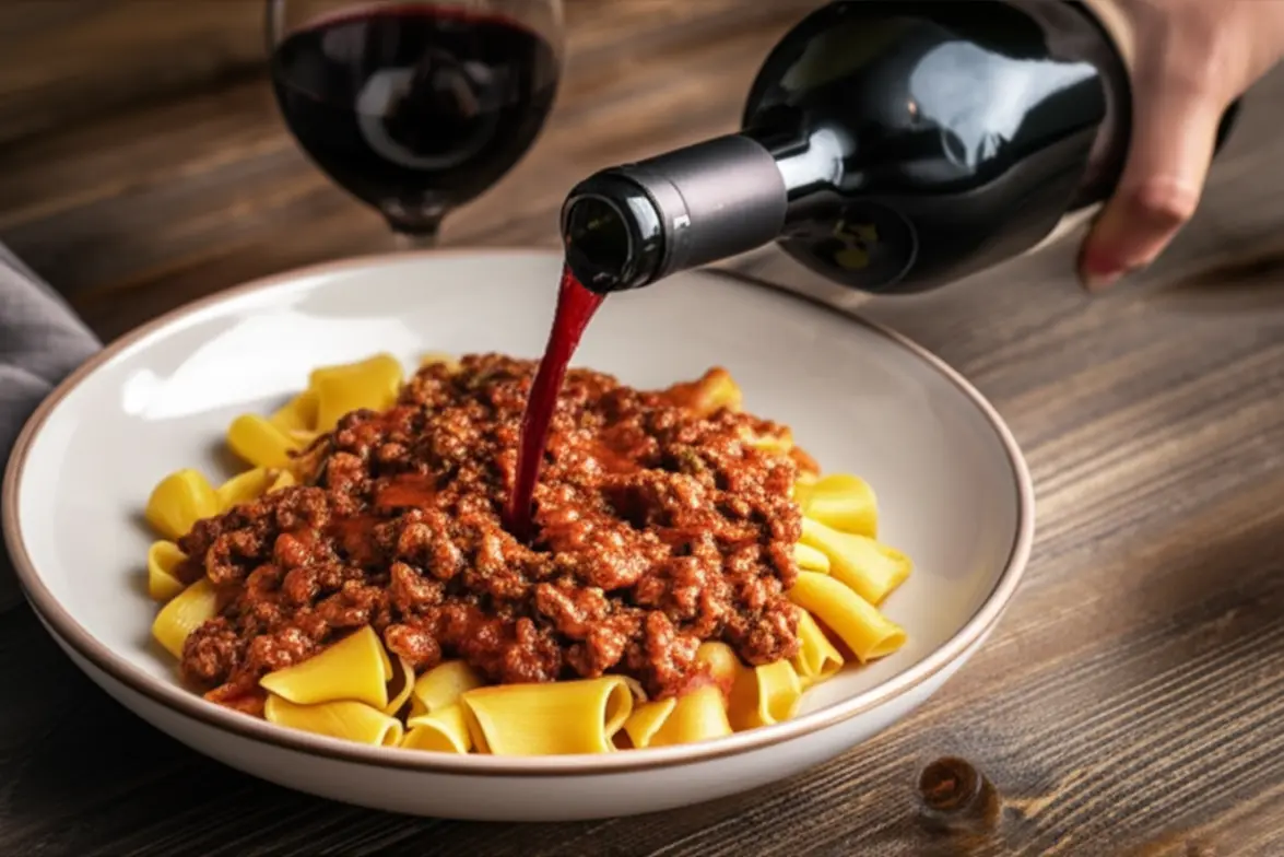 Taça de Chianti ao lado de um prato de massa com molho vermelho