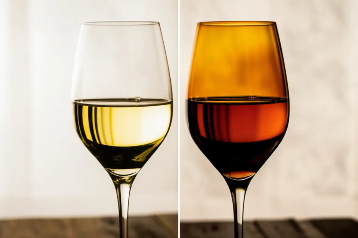 Comparação de cores entre vinho branco fresco e oxidado