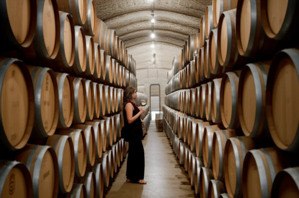 Degustação moderna em adega de vinícola famosa.