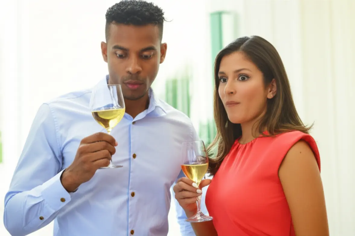 Duas pessoas sorrindo e brindando taças de vinho sem álcool, mostrando que a degustação pode ser prazerosa e quebrar mitos.