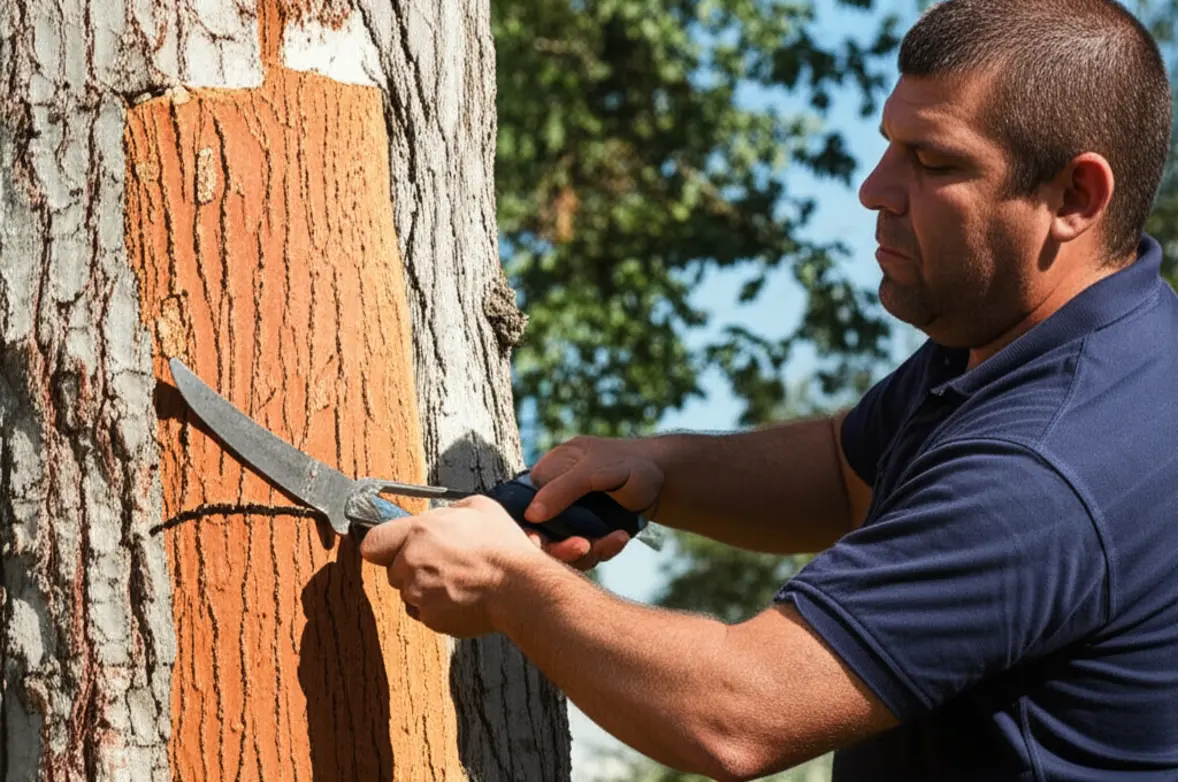 Trabalhador realizando o descortiçamento do sobreiro.