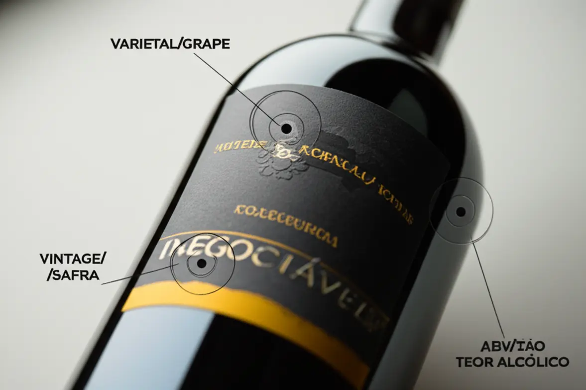 Elementos-chave do rótulo de vinho: uva, safra e teor alcoólico