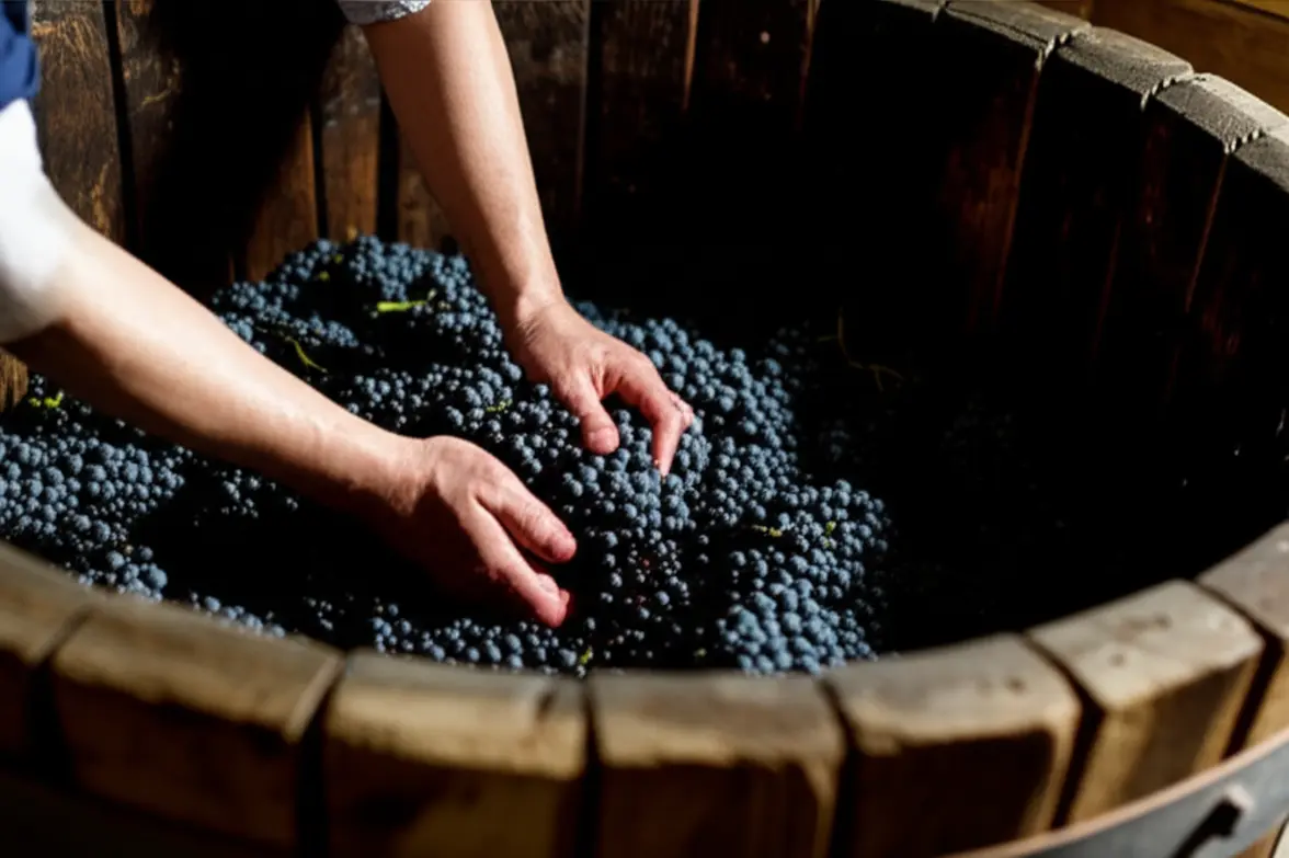 Pessoas amassando uvas em lagar tradicional de pedra.