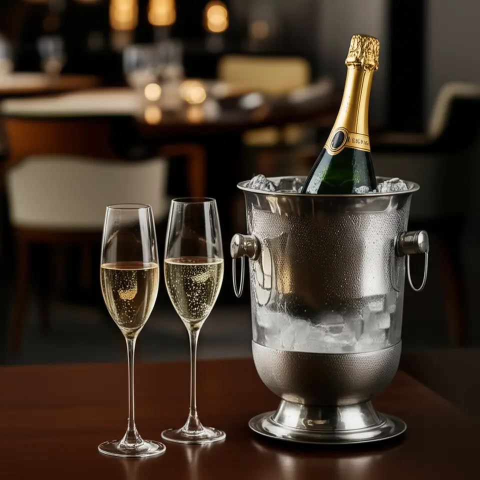 Espumante gelado em balde de gelo flutes