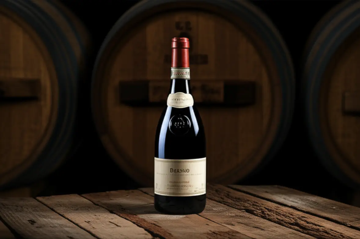 Garrafa de Barolo em adega escura, destacando um vinho tinto italiano de prestígio.