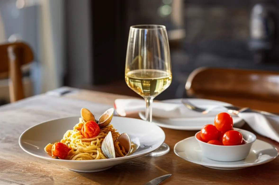 Massa com frutos do mar harmonizada com vinho branco italiano em mesa de restaurante.