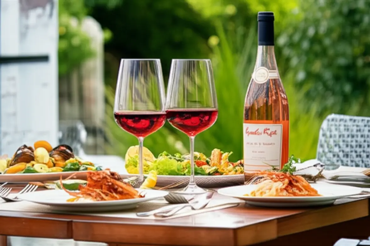 Vinho rosé harmonizando com prato de frutos do mar frescos
