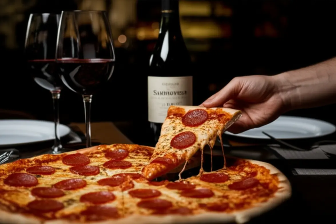 Vinho tinto sendo servido com uma fatia de pizza de calabresa