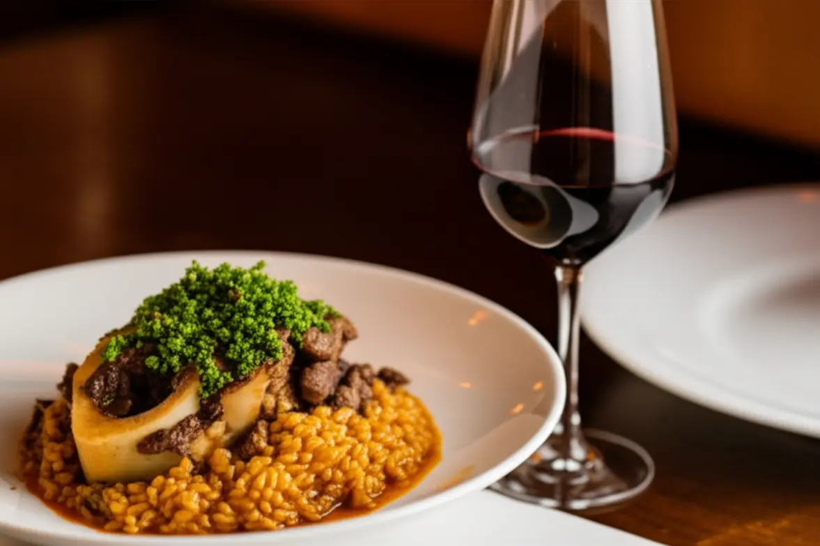 Taça de vinho tinto ao lado de risoto robusto de carne.