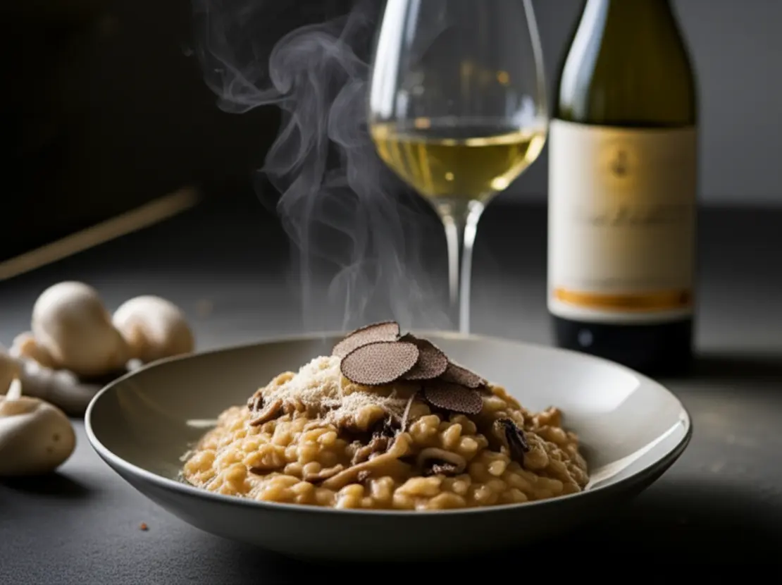 Vinhos brancos e risoto cremoso de queijo e cogumelos.