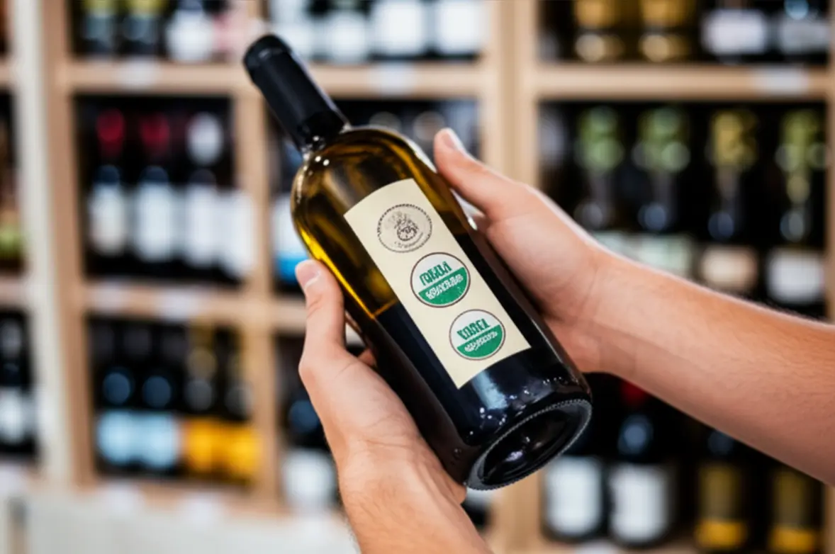 Rótulo de vinho orgânico com selos de certificação internacional
