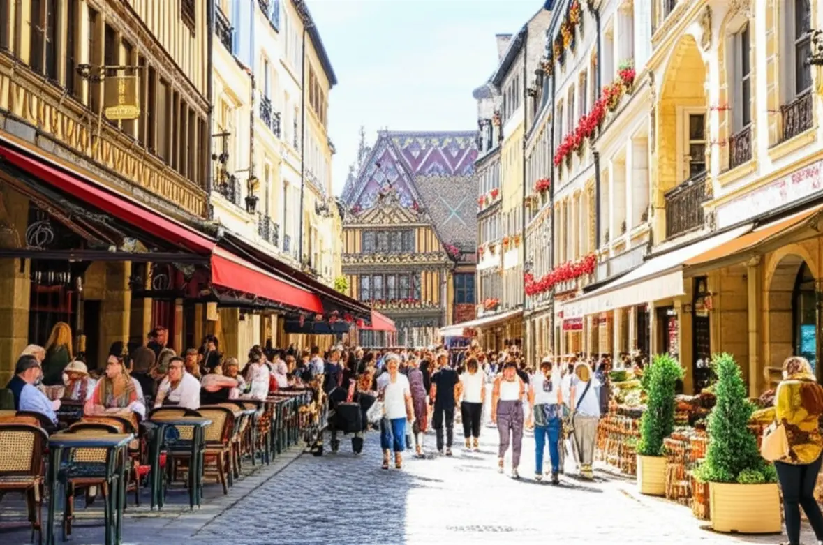 Ruas medievais de Beaune e arquitetura histórica da Borgonha.