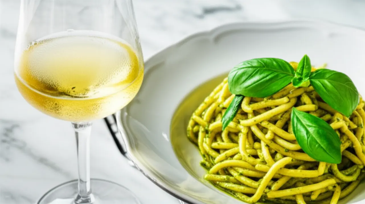Taça de Sauvignon Blanc ao lado de um prato de massa com molho pesto