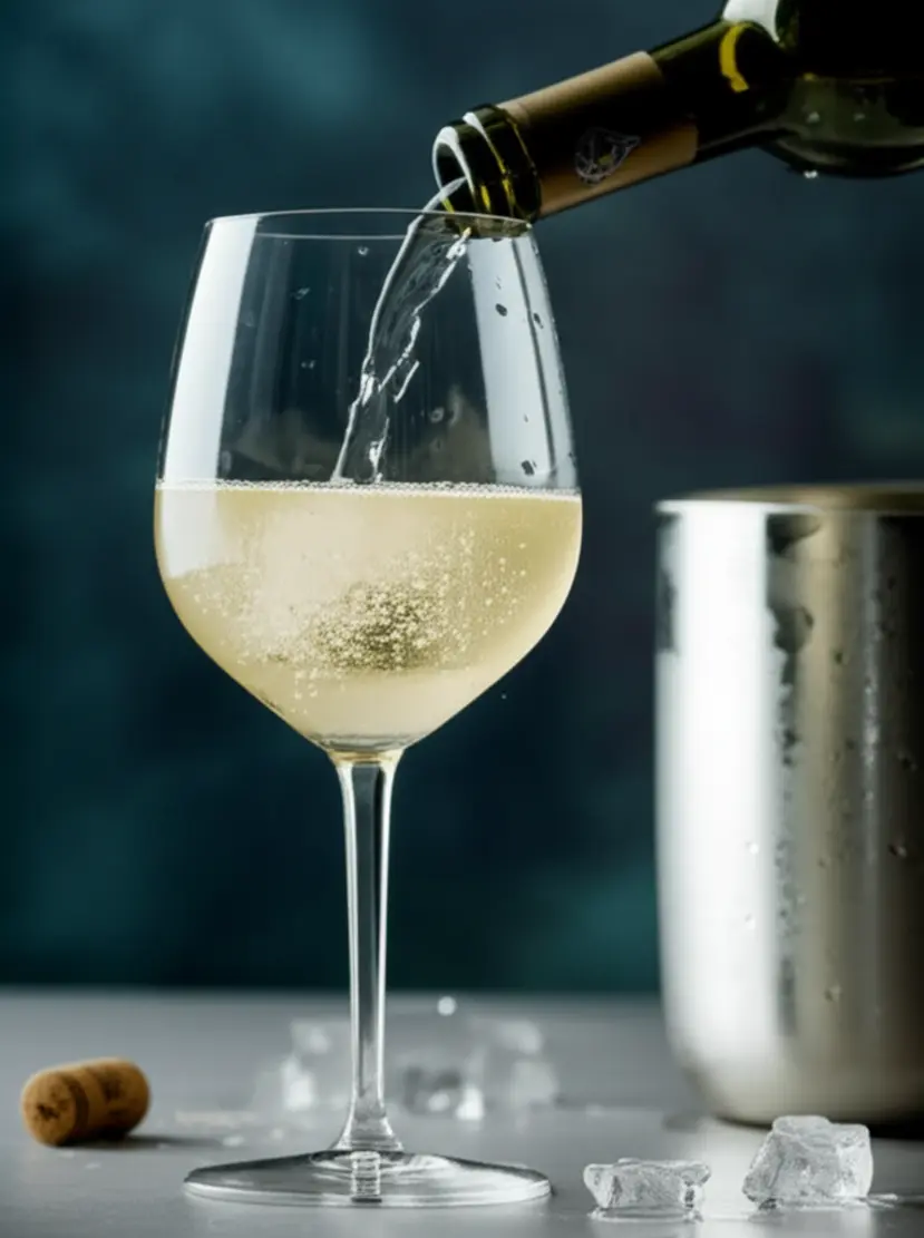 Servindo vinho Saint Germain branco em taça gelada
