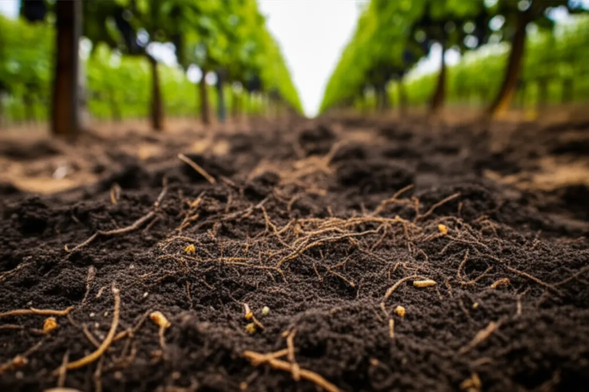 Solo saudável em vinhedo biodinâmico com plantas