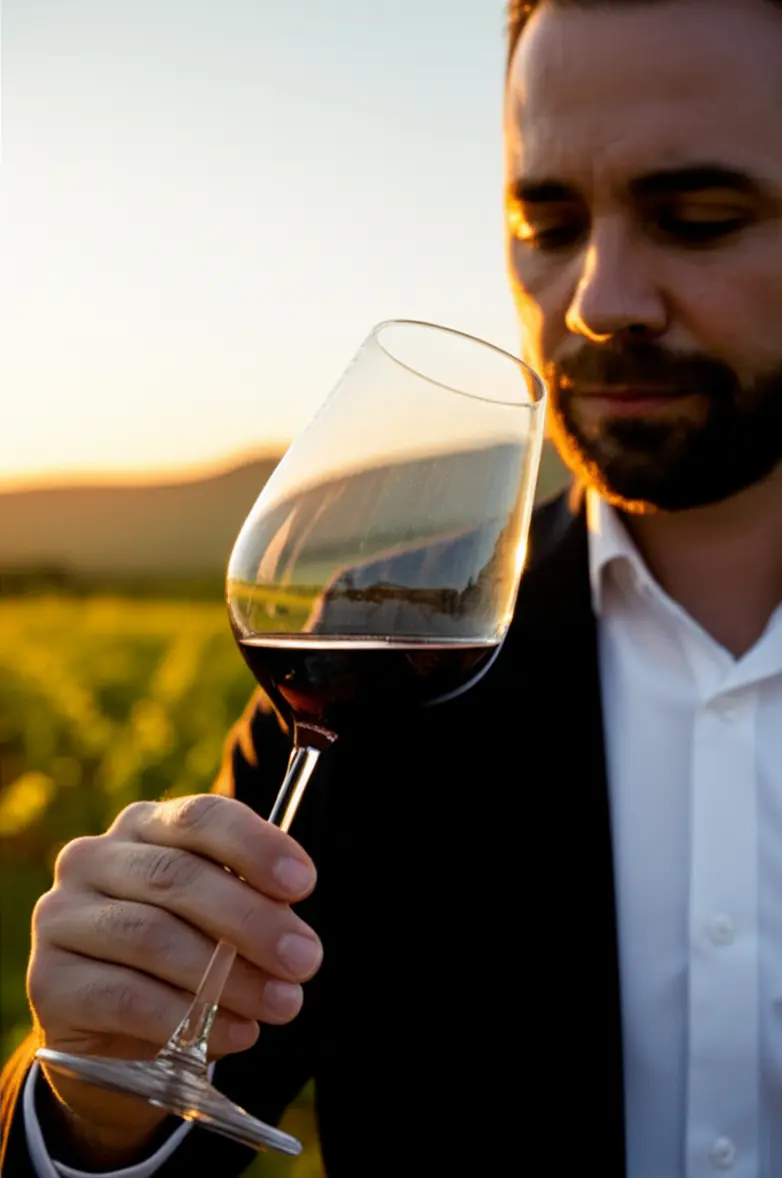 Sommelier apreciando a cor e os aromas de uma taça de vinho