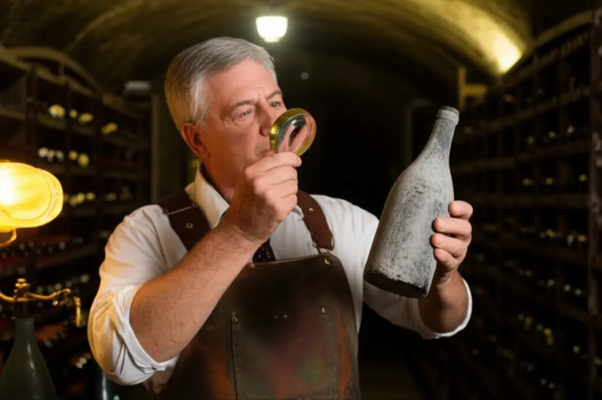 Sommelier examinando garrafa lendária de vinho de leilão.