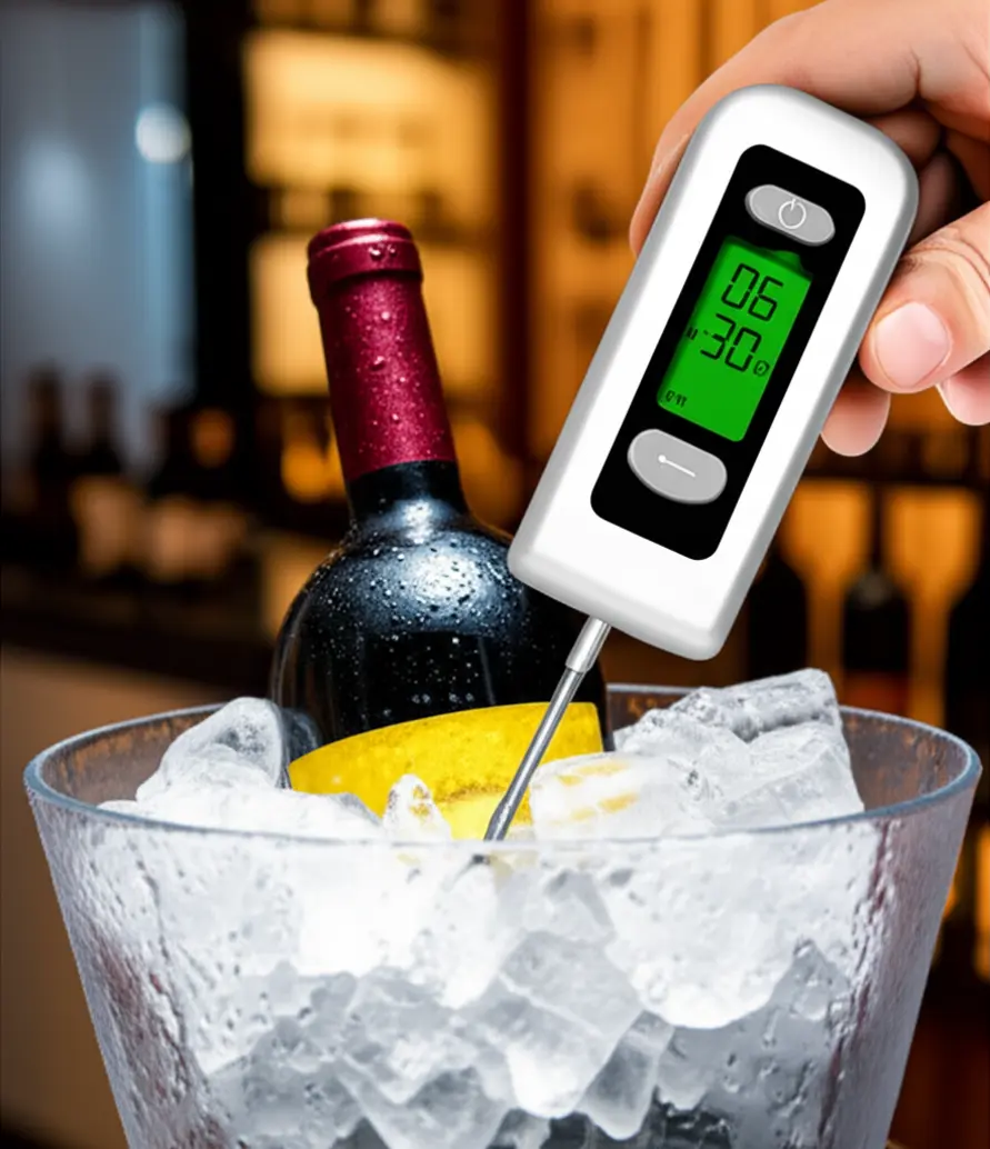 Termômetro digital para medir temperatura de vinho na garrafa.
