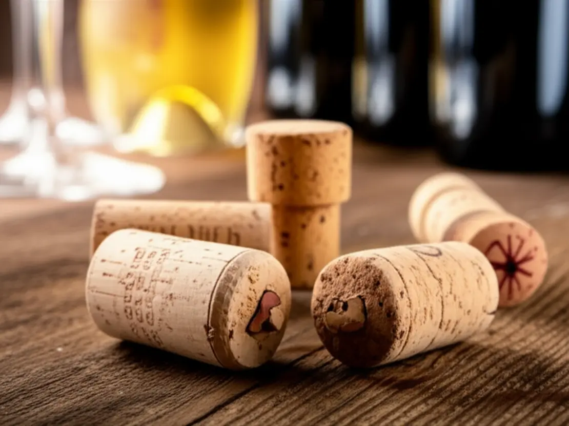 Variedade de rolhas de cortiça natural e aglomerada.