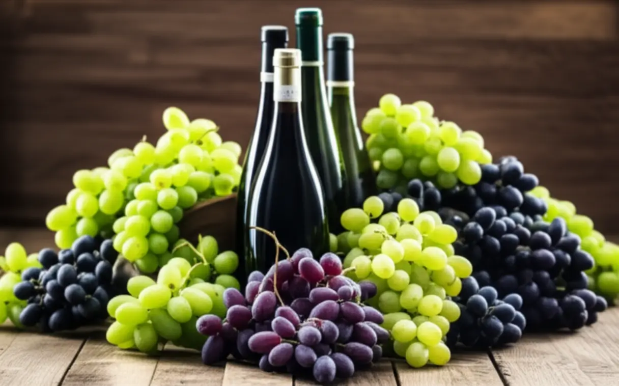Seleção de uvas e garrafas de vinho para iniciantes