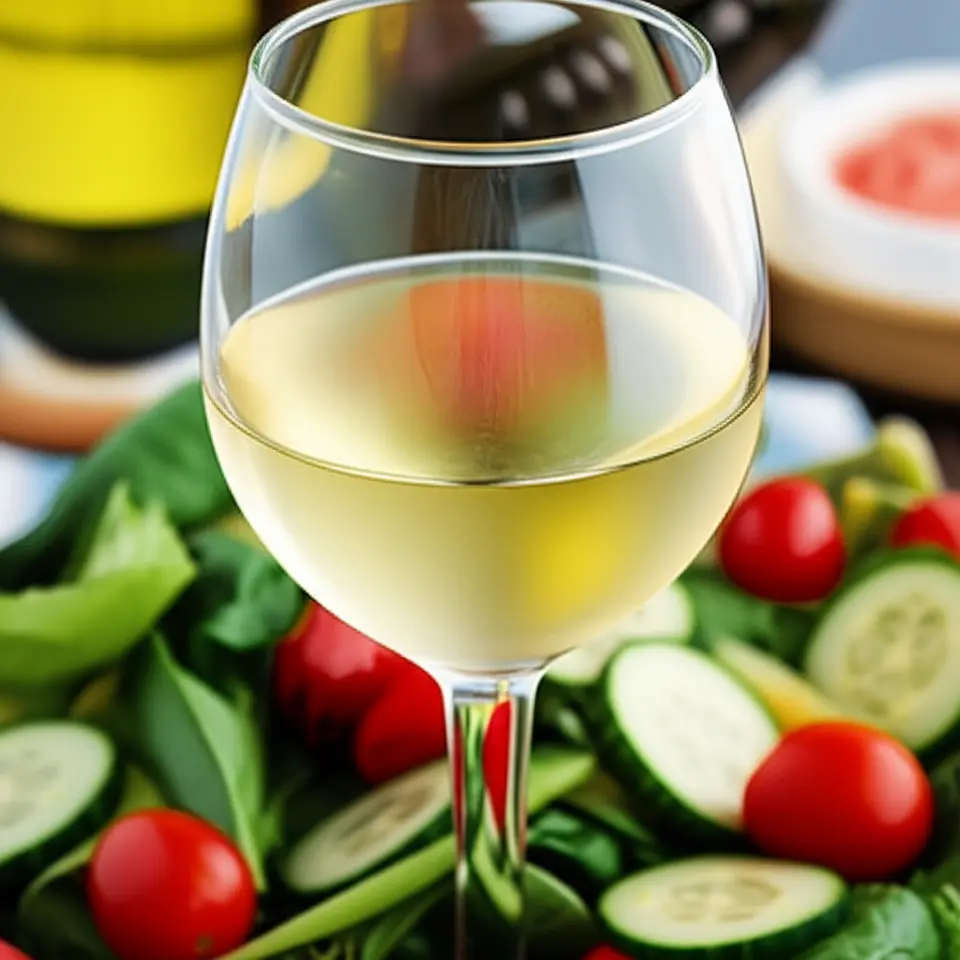 Vinho branco leve harmonizando com salada fresca.