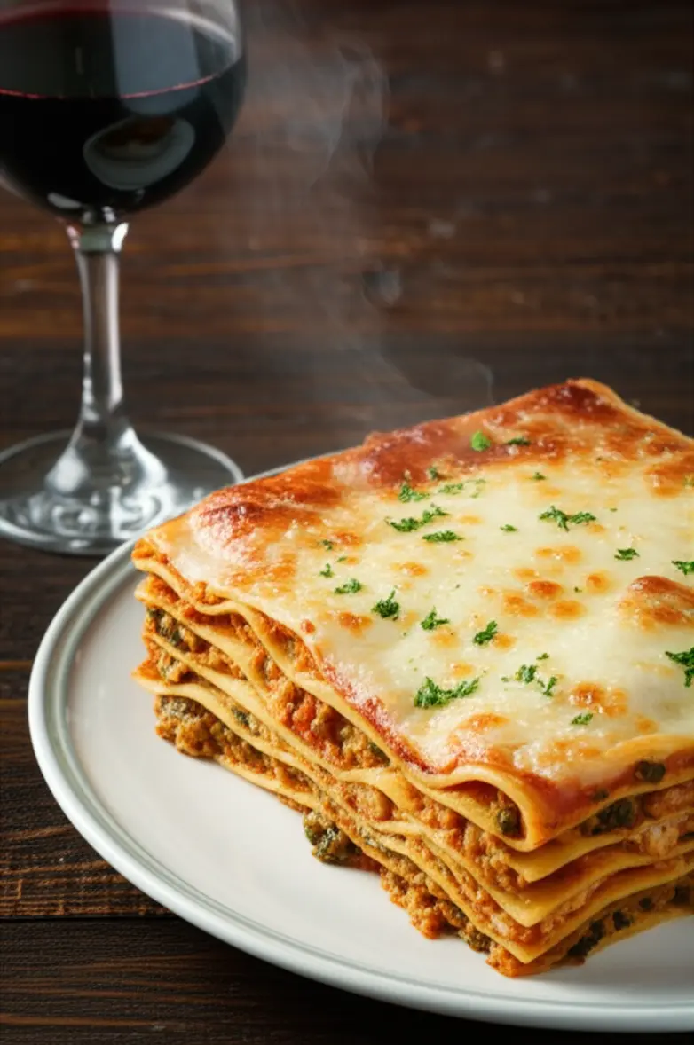 Vinho tinto encorpado com lasanha rica vegetariana.