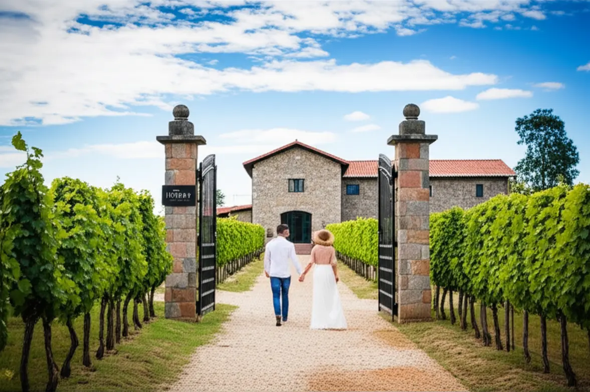 Paisagem de vinícola na Serra Gaúcha com parreirais e arquitetura.