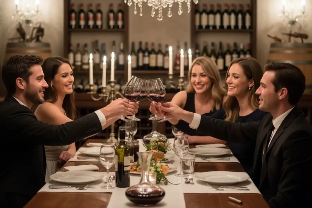 Duas pessoas fazem um brinde elegante com taças de vinho