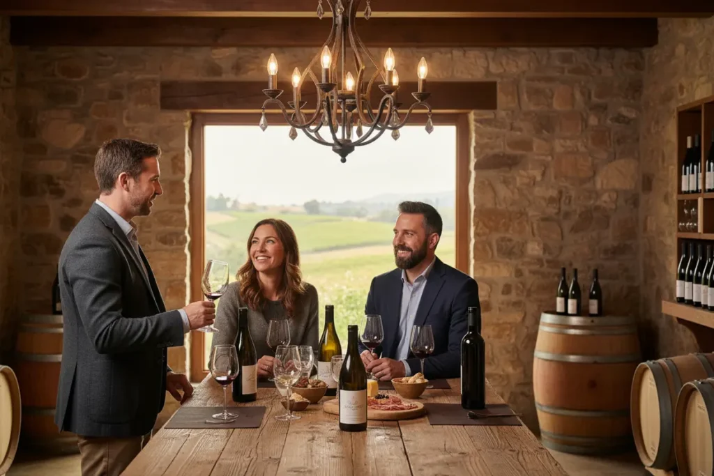 Casal planejando visita em vinícola boutique