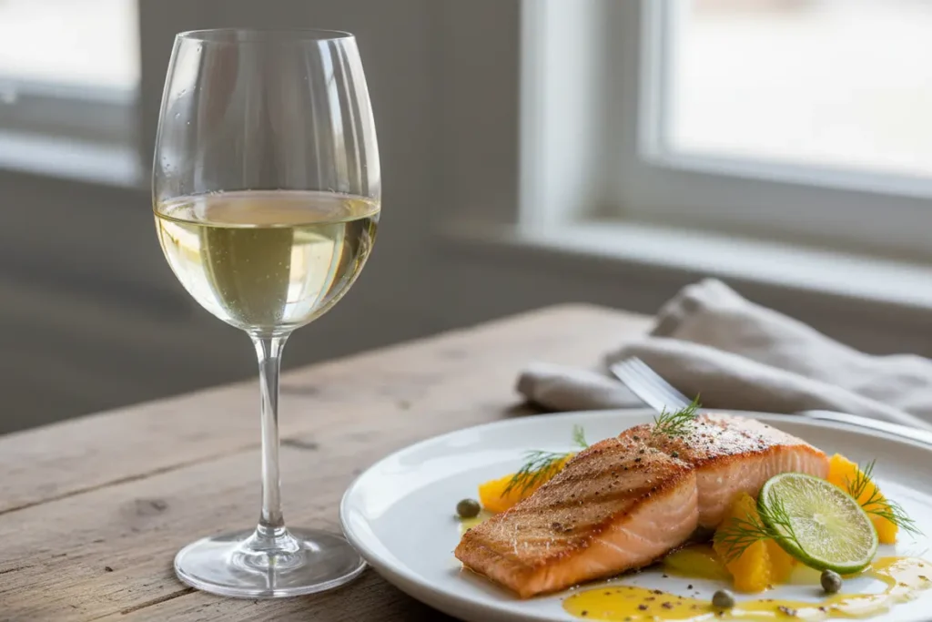 Harmonização por semelhança: salmão com vinho branco Riesling.