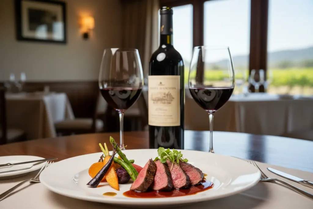 Mesa elegante com vinho e pratos para harmonização em Napa