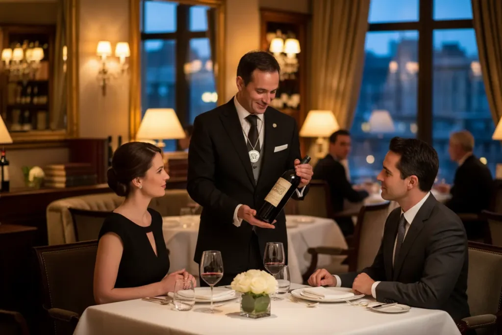 Sommelier serve vinho para cliente em restaurante de luxo