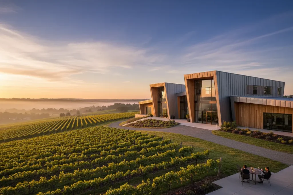 Vinicola moderna por do sol