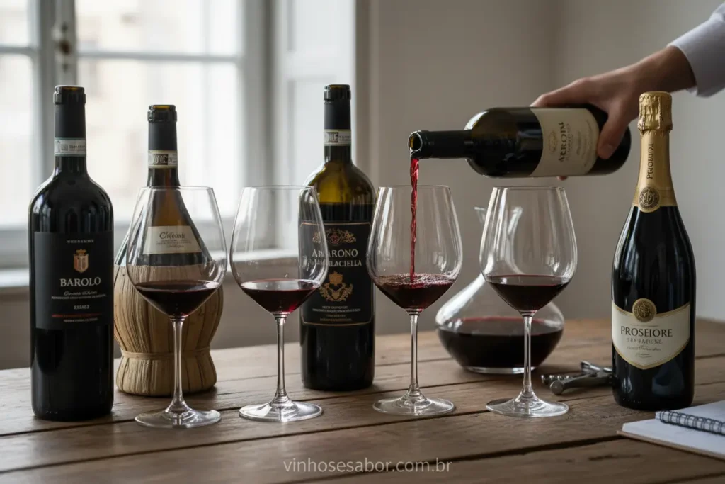 Seleção de rótulos italianos famosos como Barolo e Chianti em uma mesa de degustação.