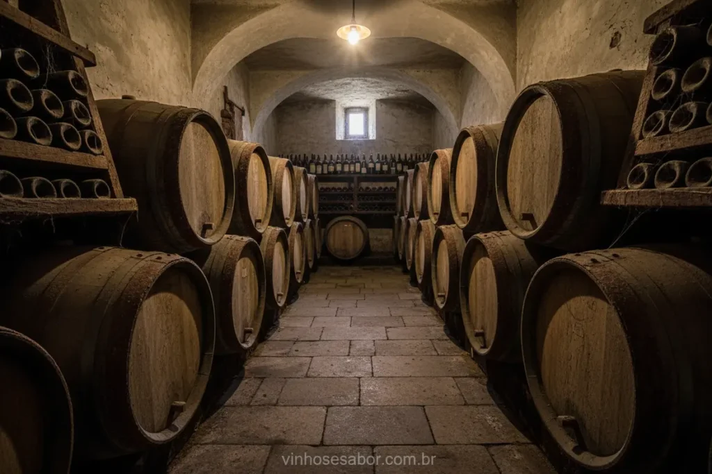 Vinhos envelhecendo em barricas de carvalho e bouquet.