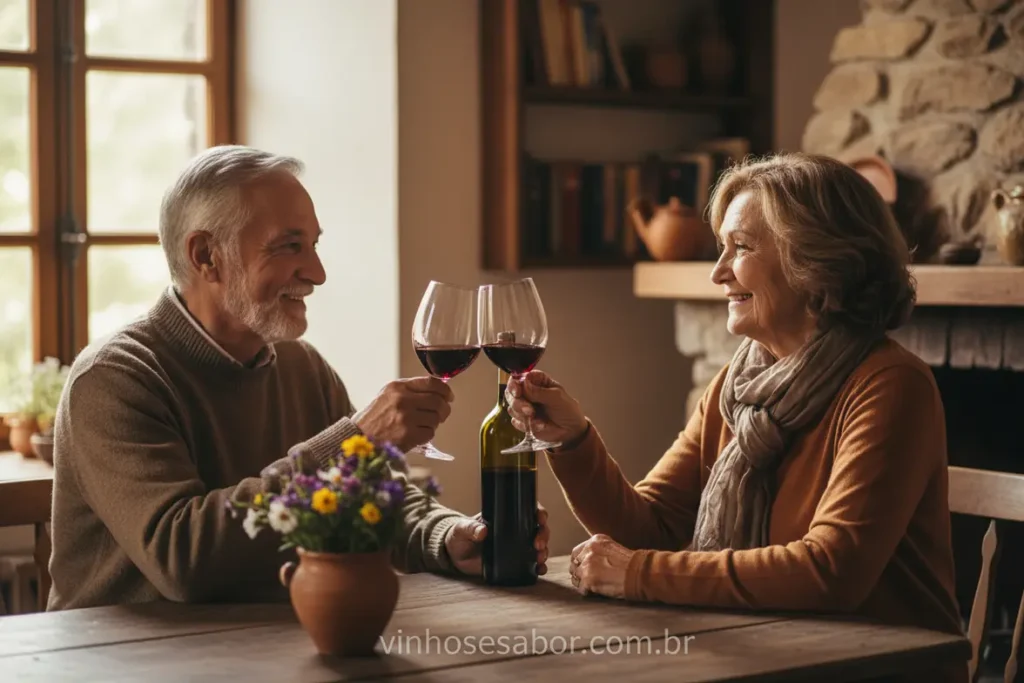 Casal idoso feliz brindando com vinho tinto e celebrando a vida