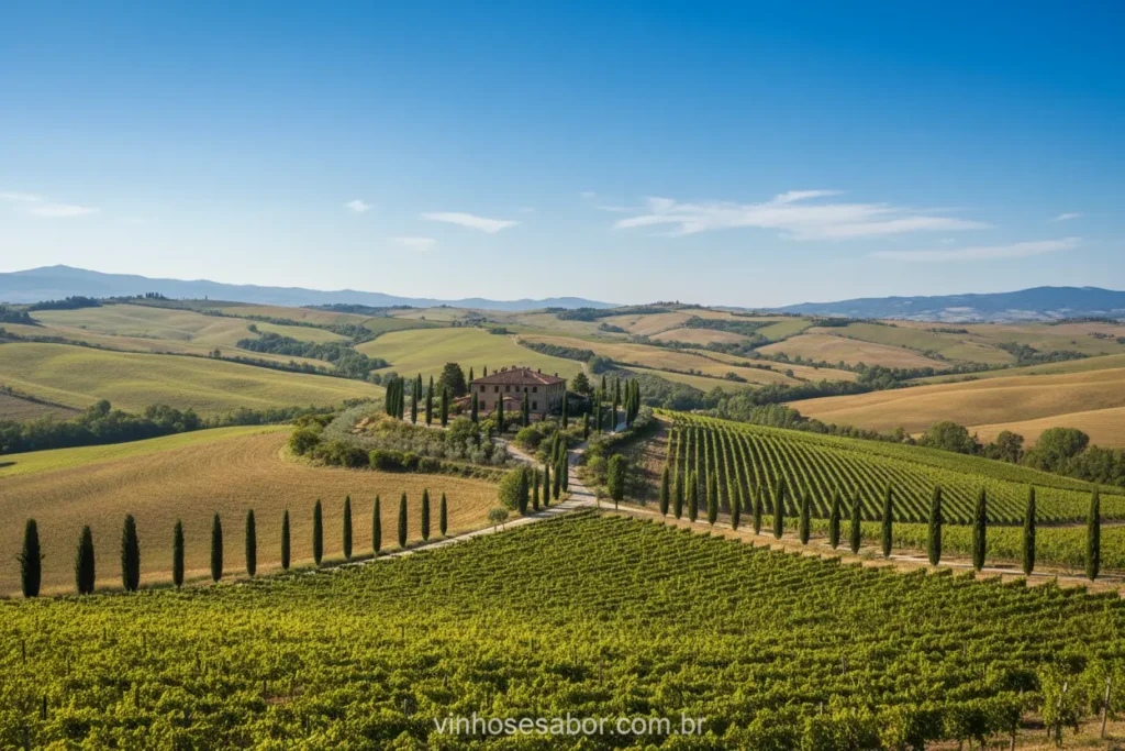 Paisagem vinícola da Toscana, com vinhedos e ciprestes.
