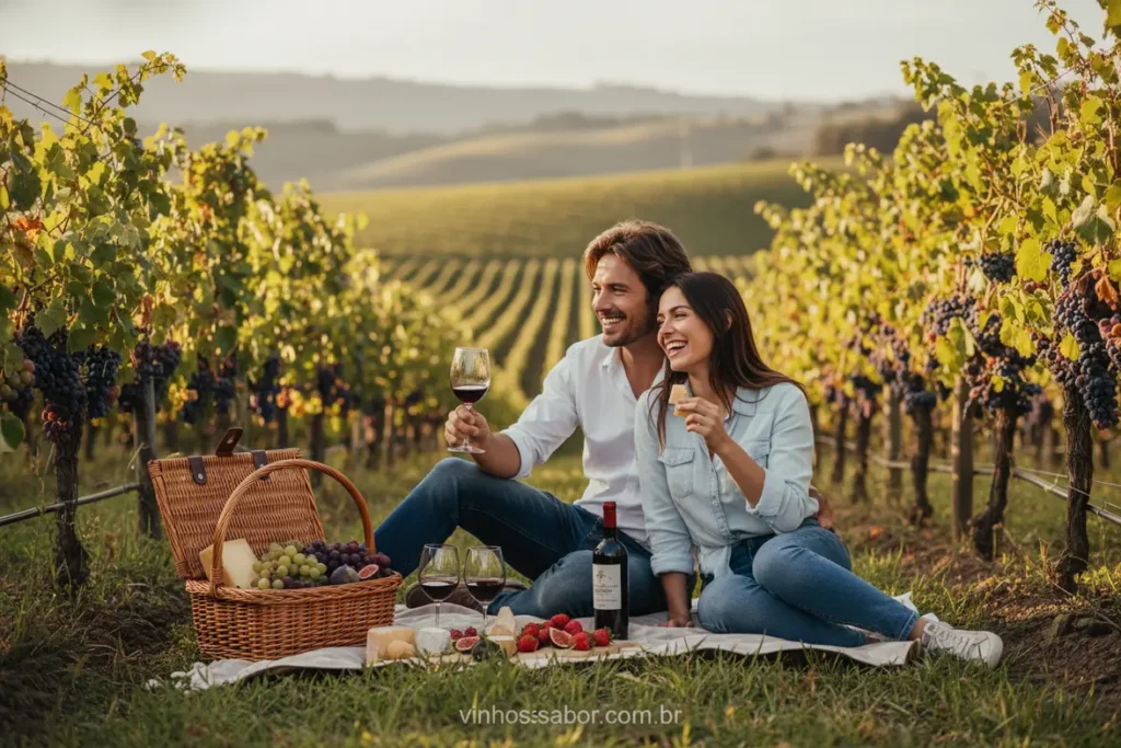 Piquenique romântico em vinhedo chileno ao pôr do sol, com vinho e queijos.