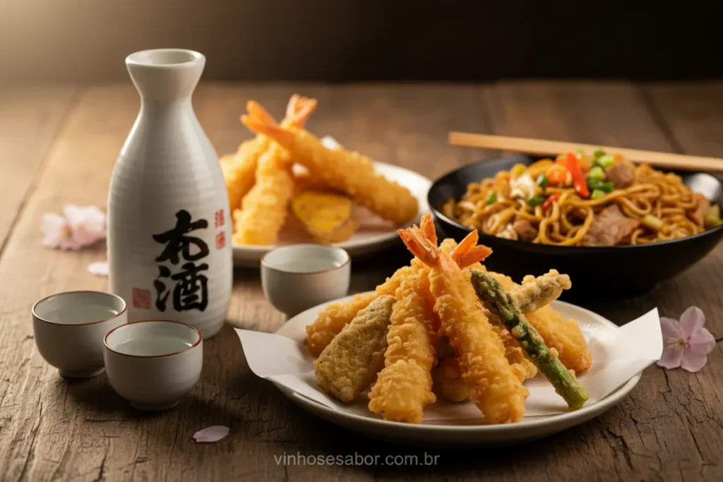 Garrafa de sake e taças ao lado de pratos variados de sushi