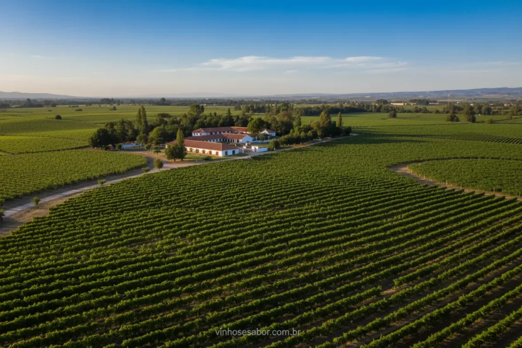 Vinhedo aéreo do Vale de Colchagua no Chile, mostrando a amplitude do vale.