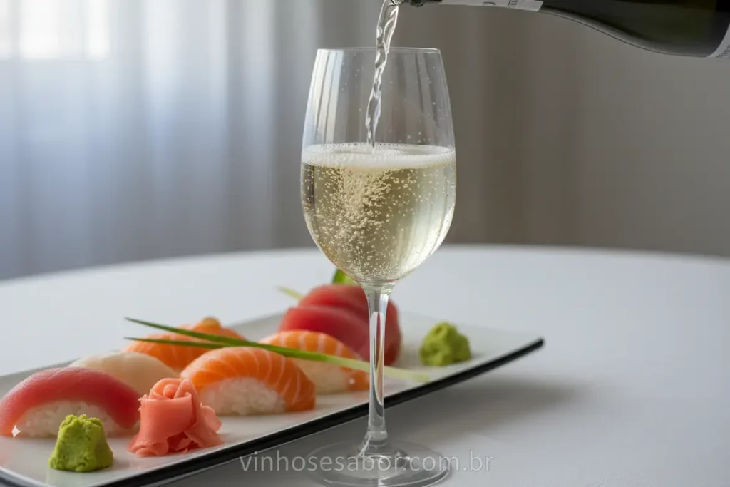 Vinho branco e espumante ao lado de pratos de sushi e sashimi