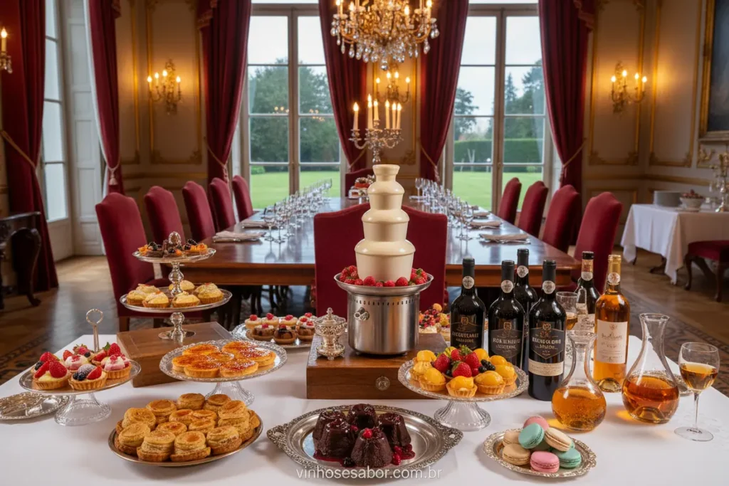 Vinhos doces e fortificados para sobremesas elegantes.