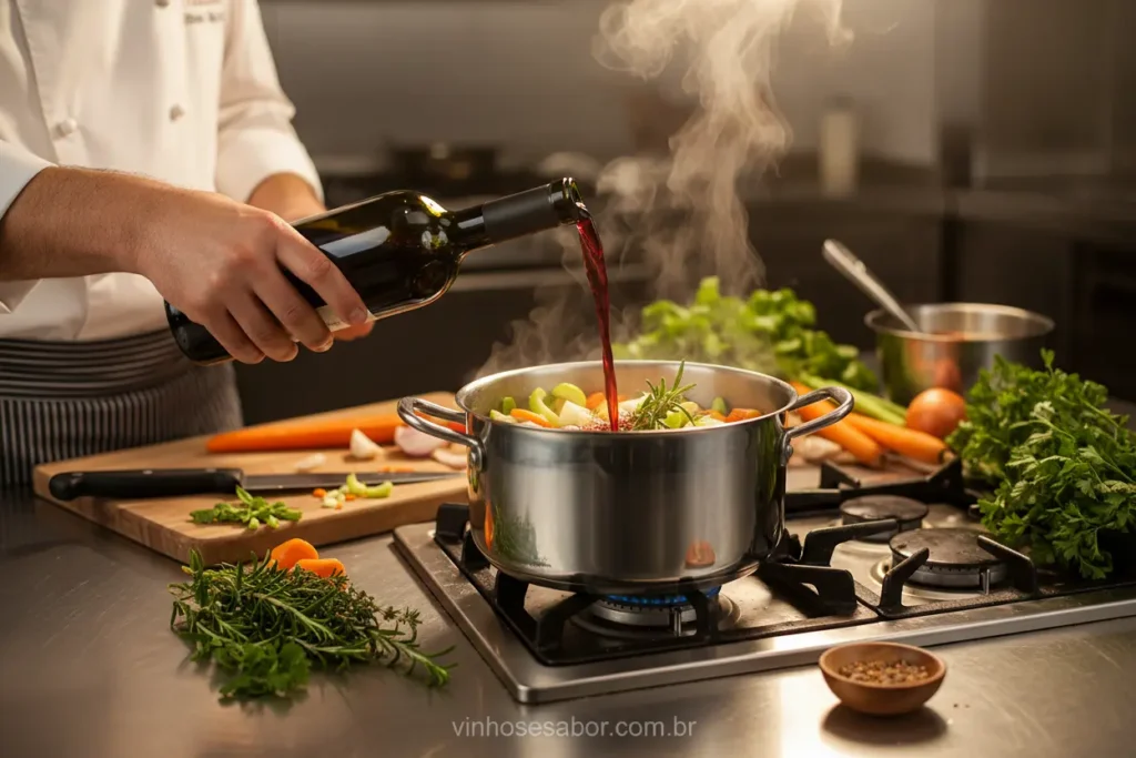Chef preparando redução de vinho tinto na panela.