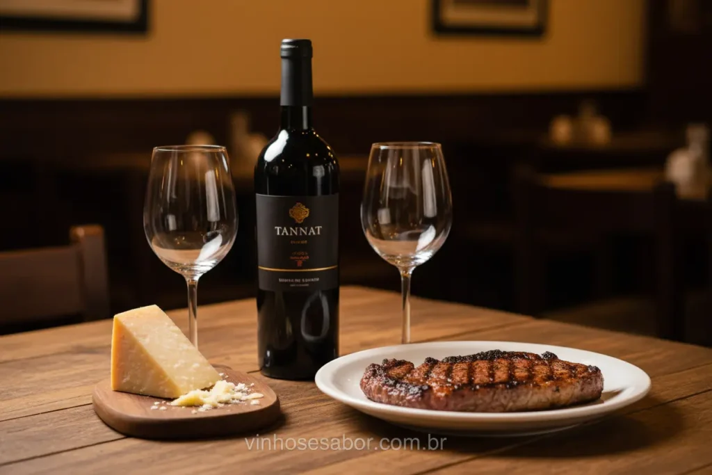 Vinho Tannat e um corte de carne vermelha suculenta.