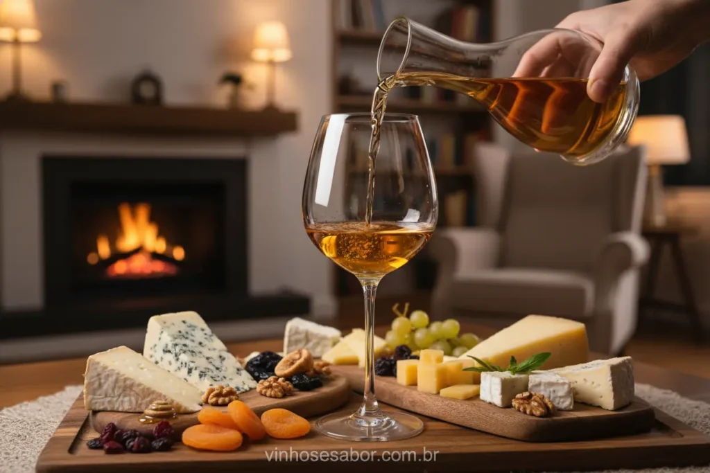 Harmonização de vinho doce com tábua de queijos azuis.