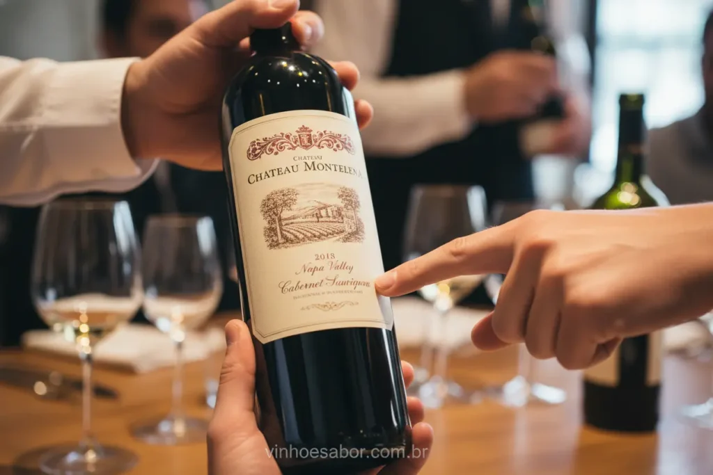 Pessoa lendo rótulo de vinho, focando em detalhes e safra