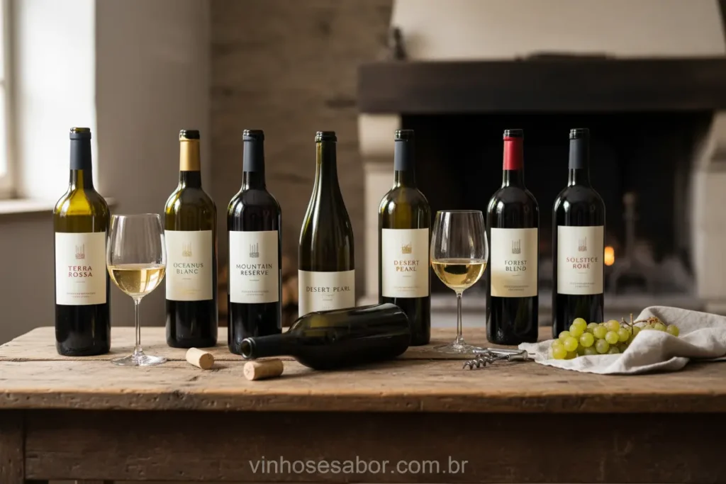 Rótulos acessíveis de vinhos tintos e brancos de mesa