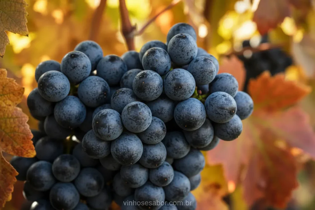 Cacho de uva Tannat madura e intensa cor escura.