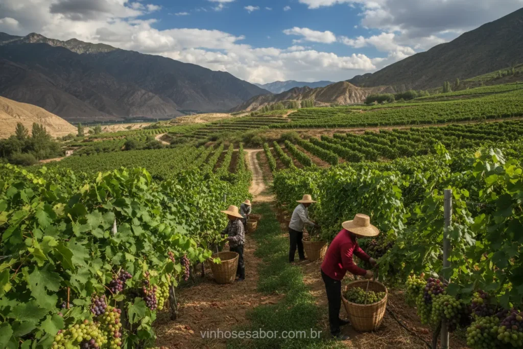 Vinhedo em Ningxia, China, focado na produção de alta qualidade.