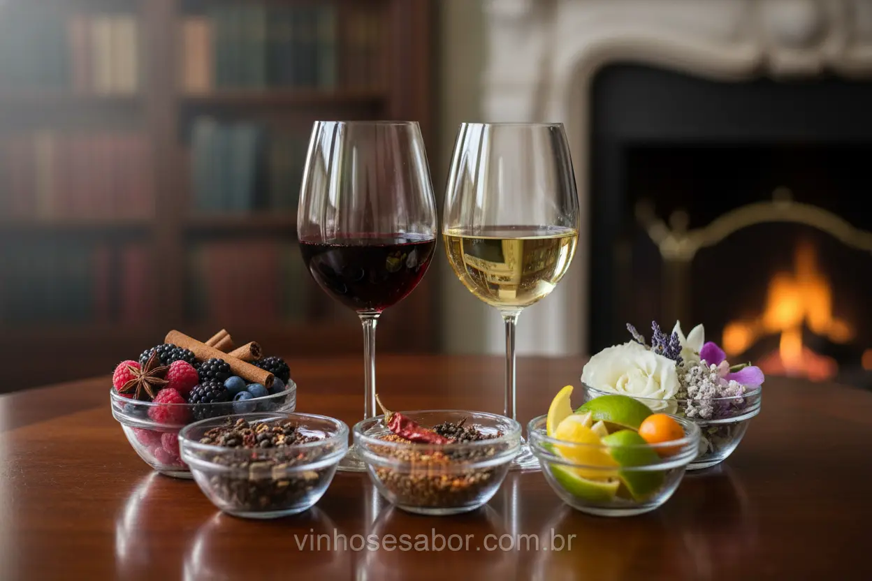 Mesa com taças de vinho e ingredientes que representam aromas.